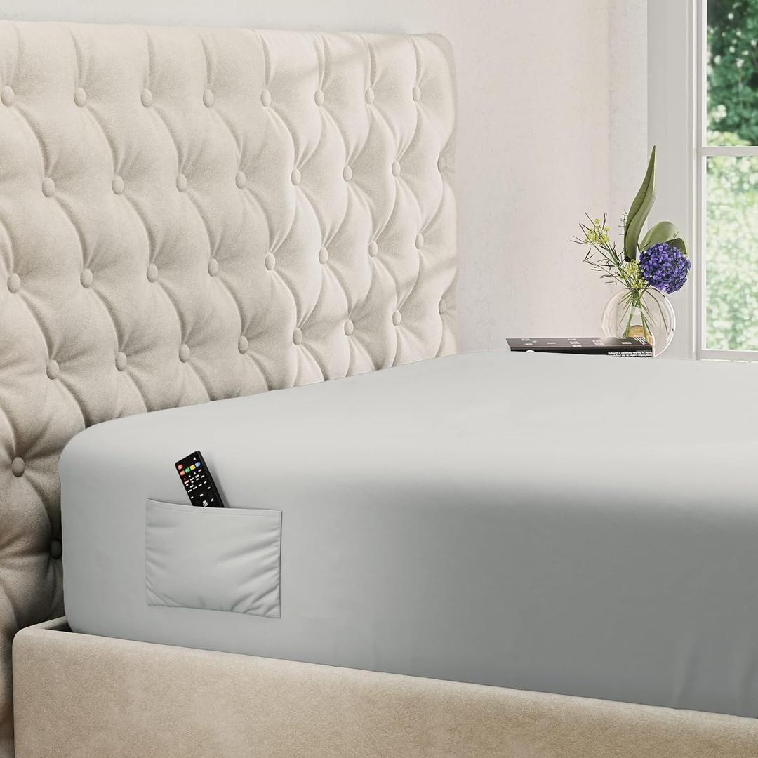 DREAMCARE King Fitted Sheet - Extra Deep Pocket Fitted Sheet - Fits up to 21 inch Mattress - Deep Pocket King Sheets - Hotel Luxury - Oeko-Tex Certified Sheets - 1 Fitted Sheet Only (Light Grey) (07 - Light Gray)