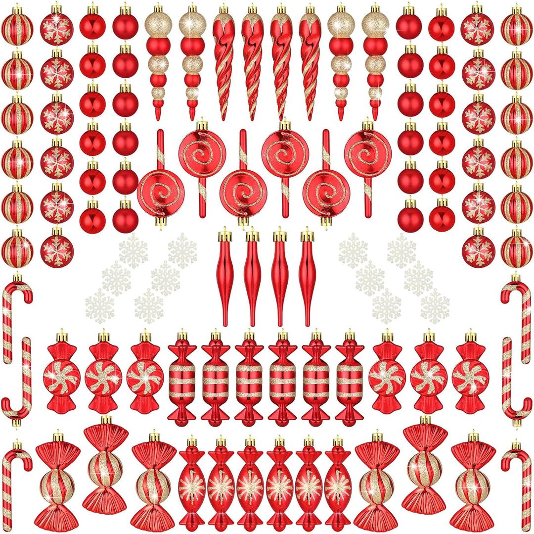 120 Pcs Red and Gold Christmas Tree Ornaments Christmas Ball Snowflake Hanging Candy Ornaments Swirl Lollipop Ornament Candy Cane Decorations for Xmas Tree Party Decor