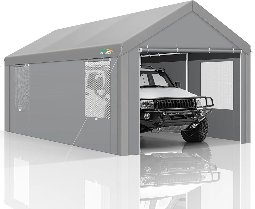 COBIZI Carports 10x20 Heavy Duty Car Canopy Garage with Removable Sidewalls & Doors, Galvanized Frame Portable Carport Canopy with Built-in Sandbags & All-Season Tarp for Car Boat Truck, Gray