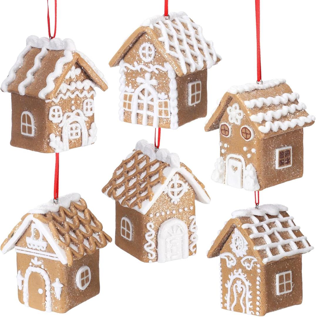 Funtery 6 Pcs Gingerbread House Ornaments for Christmas Tree Gingerbread Christmas Decor with Rope Xmas Hanging Ornaments for Tree Holiday Party New Year Home Decorations (White Frosting Style)