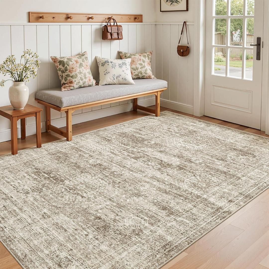 3x5 Rug, Small Area for Kitchen, Entryway, Machine Washable Non-Slip Throw Rug, Vintage Carpet for Nursery Coffee Table Brown