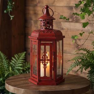JHY DESIGN Decorative Candle Lantern 10H Vintage Hanging Lantern Metal Candleholder for Indoor Outdoor Events Parities and Weddings (Red with Black Brush)