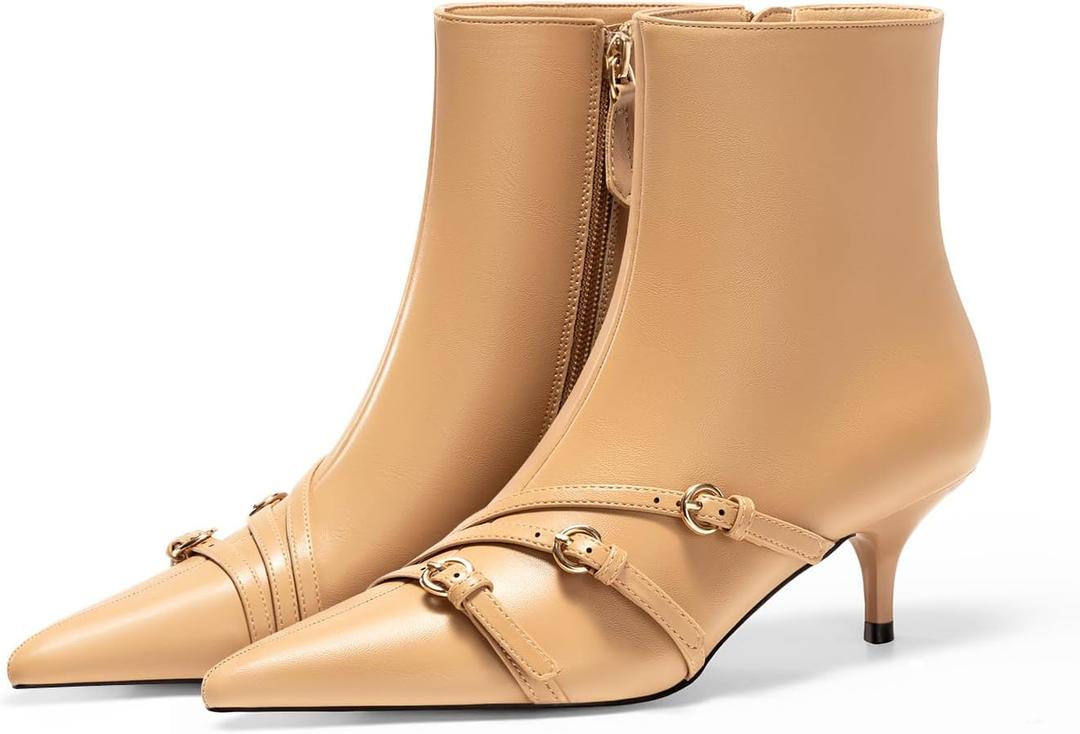 Coutgo Womens Buckle Strap Ankle Booties Kitten Low Heel Pointed Toe Y2K Boots Side Zipper Fall Shoes (9, Khaki)