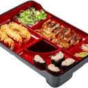 Restaurantware Bento Tek 14 x 9.1 x 2 Inch Compartment Lunch Plates 1 Japanese Style Adult Lunch Plate - With 5 Compartments Reusable Black & Red Plastic Separated Meal Plate For Hot & Cold Food