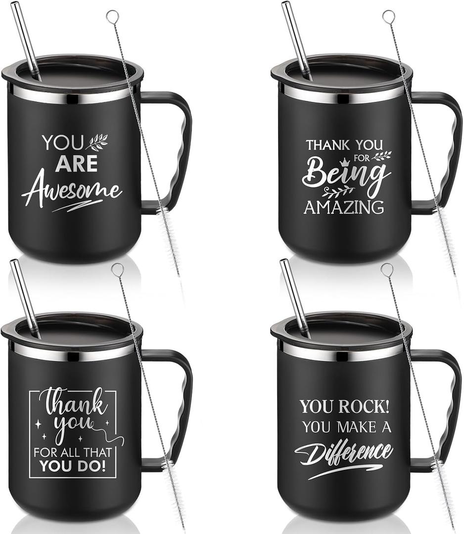 Sumind Thank You Gifts 17 oz Employee Inspirational Stainless Steel Coffee Mugs with Handle Lid Straw for Women Volunteer Teachers(Black,4 Pcs)
