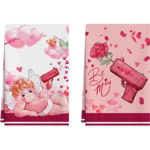 2 x XCHI Love Hearts Cupid Rose Flower Valentine's Day Kitchen Towels Dish Towels 18x26 Inch Home Kitchen Decorations Hand Towels Set of 2 Drying Dishcloth
