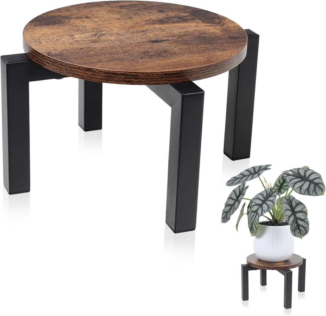 Vigordream Plant Stand Indoor, Heavy Duty Sturdy Metal Plant Holder, Wooden plant Stool, Single Plant Pot Stand Low Short Planter Stand Fit 5-10 Inch Pot (Dark Brown, Small)