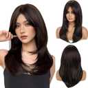 Long Layered Wigs With Bangs - Brown to Black Wavy Wigs 22 inch Heat Resistant Synthetic Wig for Daily Party Use