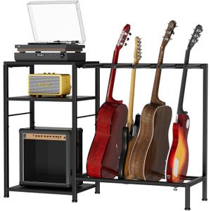 Guitar Stand for 4 Guitars, Adjustable Multiple Guitars Rack with Soft-Padded Protector for Acoustic, Electric, Bass & Ukulele, Guitar Display Stand with 3-tier Shelves for Amp & Vinyl Records, Black