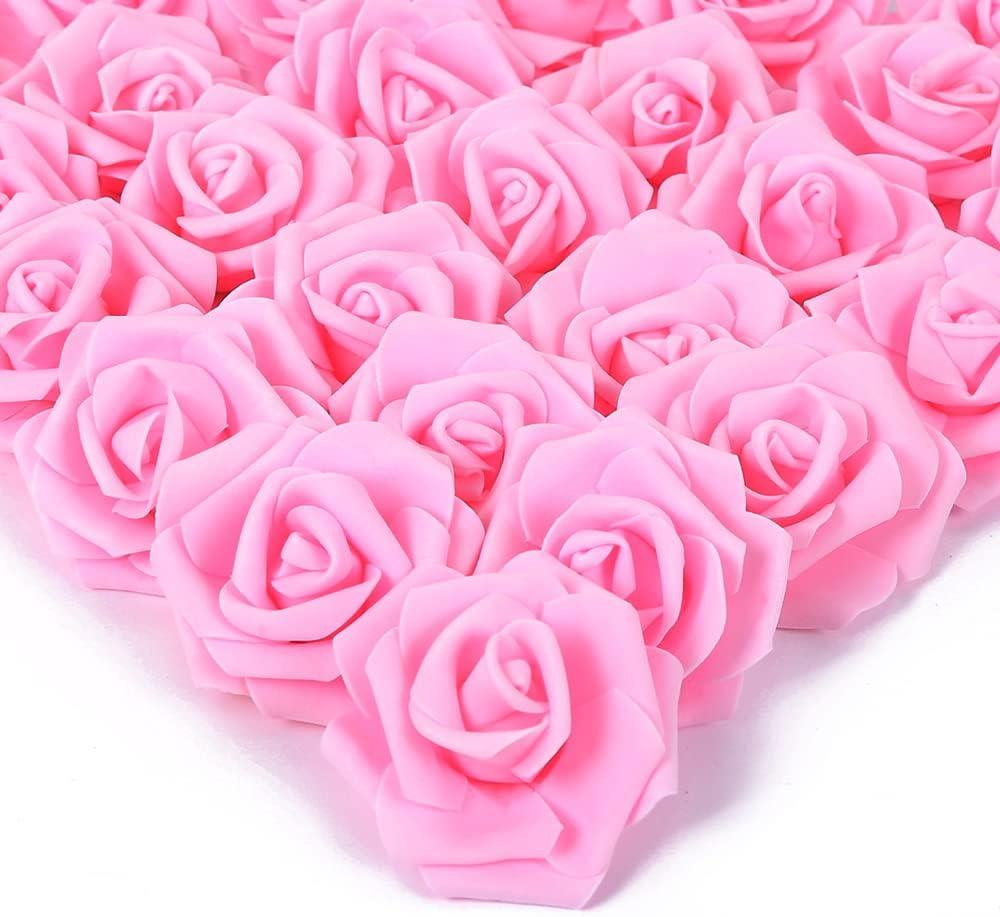 IPOPU 100 Pcs Artificial Rose Flower Heads Real Looking Baby Pink Fake Roses Flowers Foam Blush Roses for DIY Wedding Centerpieces Party Baby Shower Banquet Home Decorations (Pink, Stemless)
