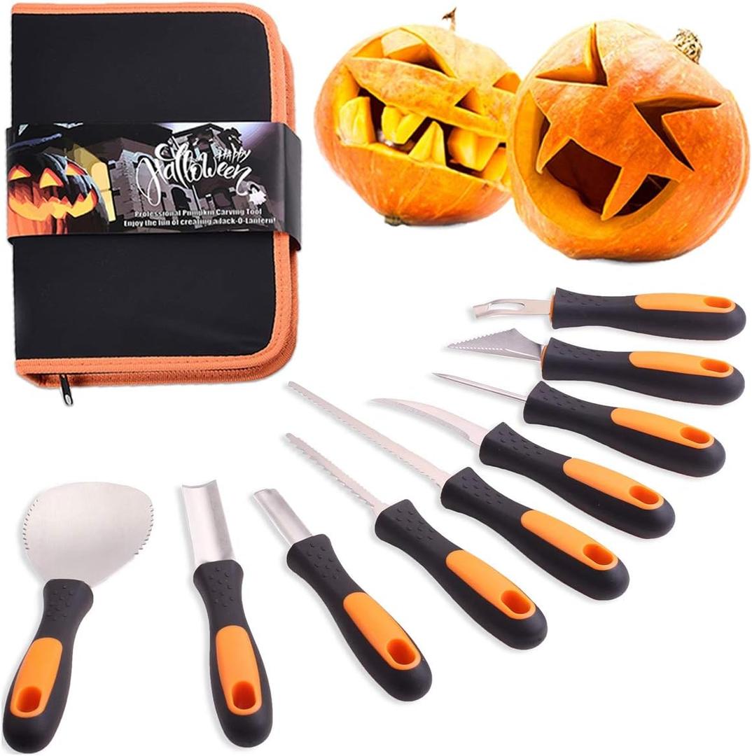 7Felicity Professional Halloween Pumpkin Carving Kit, Anti-Slip Rubber Handle, 9 Piece Stainless Steel Pumpkin Carving Tools Knife Set for Halloween DIY Decoration, with Storage Bag and Stencils
