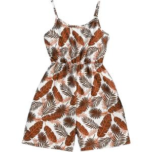 Girl's Cami Short Dress, Sleeveless Print Outfits Summer tropical romper for kids 4-12t (Brown)