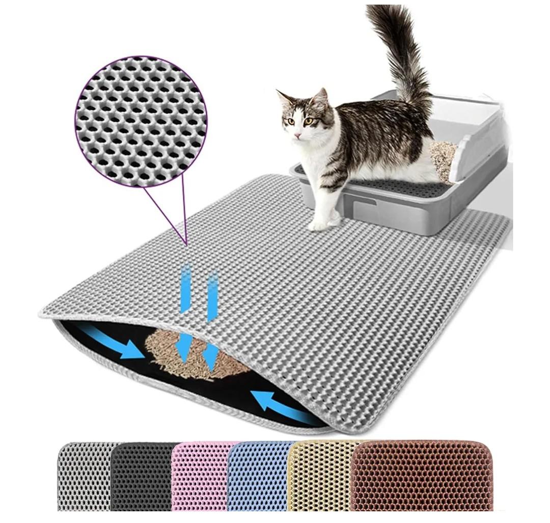 Cat Litter Mat, 24x18 Inches Large Double Layer Honeycomb Cat Litter Trapping Mat, Non Slip Waterproof Urine Proof Cat Litter Box Mat for Floor, Kitty Litter Rug, Cat Supplies, Gray