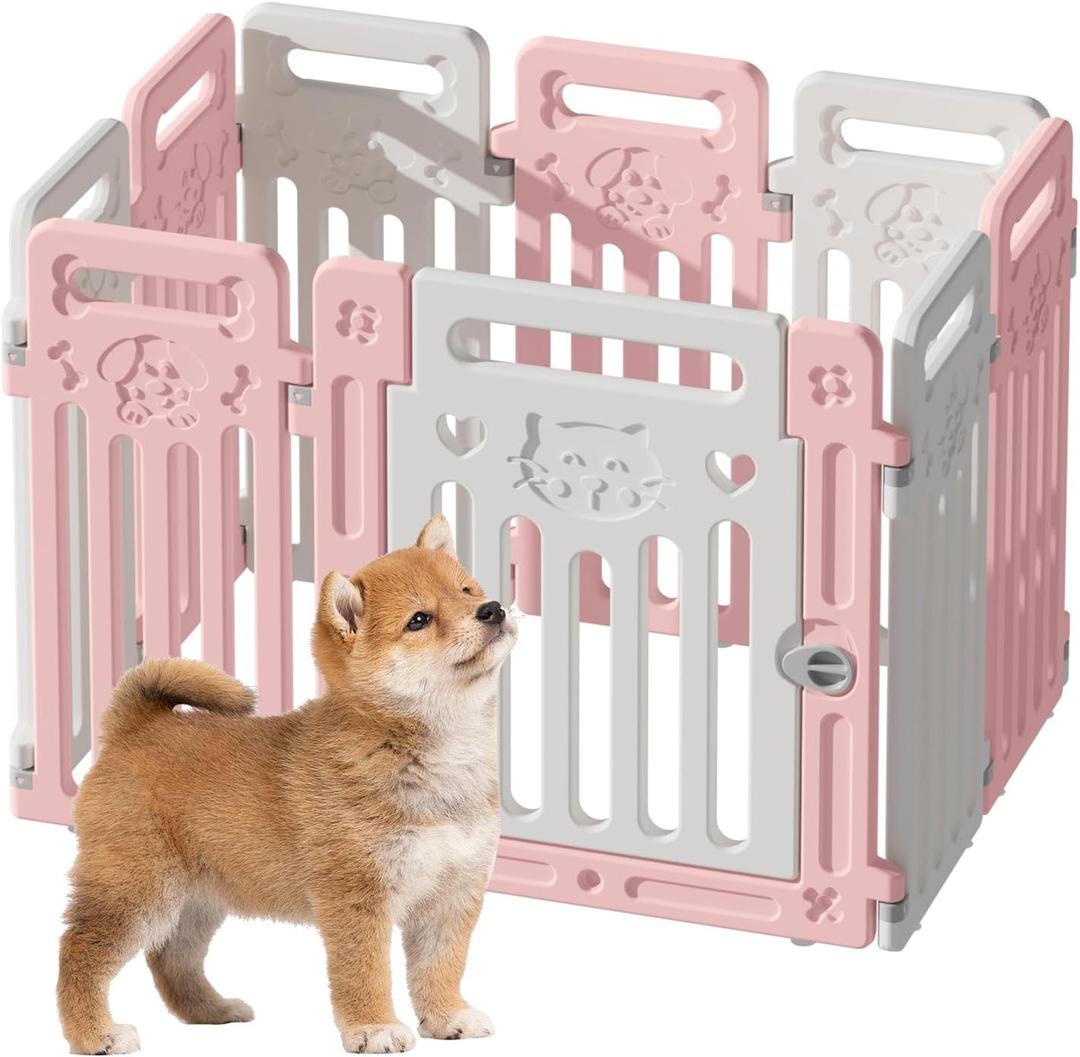 Dog Fence Pet Playpen Clear Puppy Cat Small Play Pen Foldable Kennel Indoor Outdoor Whelping Box for Dogs with Gate (Pink + White, 8 Panels+1 Door)