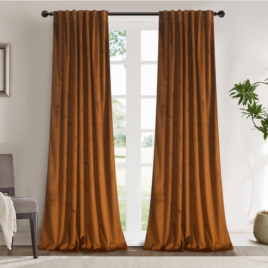 Roslynwood Luxury Soft Brown Velvet Curtains 90 inches Long Back Tab Thermal Insulated Blackout Window Drapes for Living Room/Bedroom/Dining Room, W50 x L97