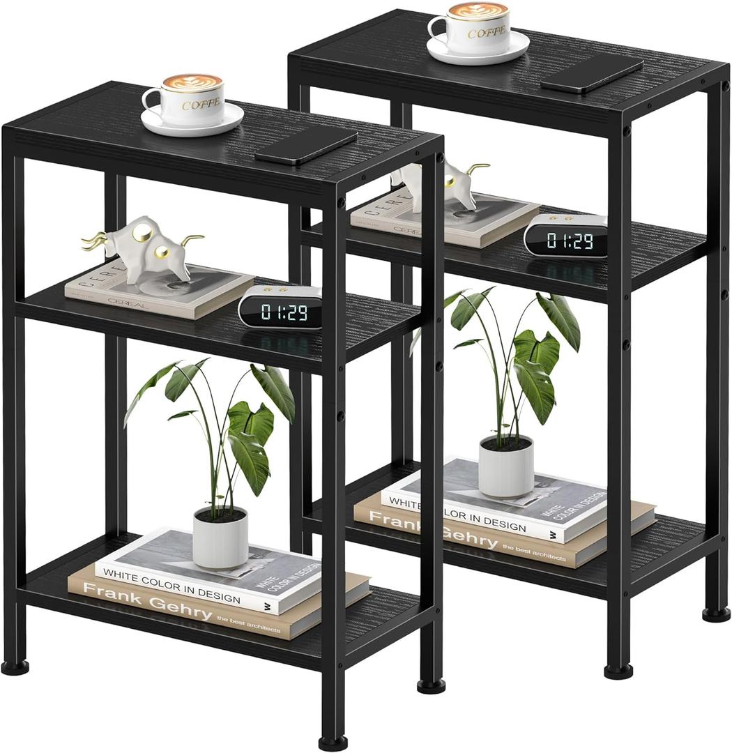 Narrow Side Table for Small Space Set of 2,3-Tier Small End Table with Shelf Holder, Slim Nightstand, Skinny Snack Couch Table in Living Room, Bedroom, Study, Kitchen and BalconyBlack