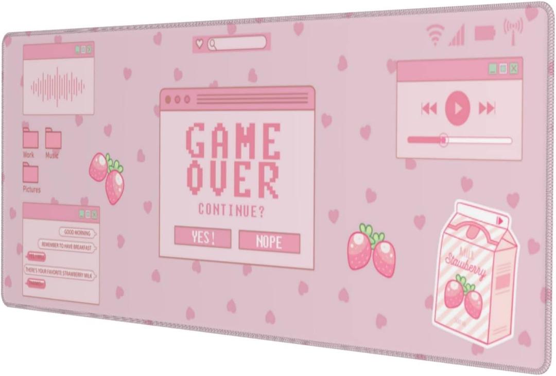 Pink Game Strawberry Milk Gaming Mouse Pad XL, Large Extended Mousepad Desk Pad, Long Nonslip Rubber Mice Mats Stitched Edges Playmat for Office Home Gamer, 31.5x11.8 Inch