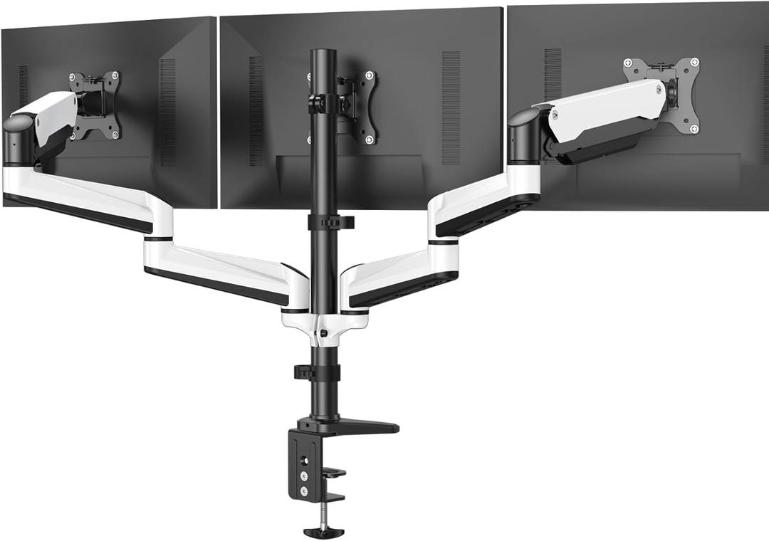 HUANUO Triple Monitor Stand - Full Motion Articulating Monitor Mount Fit Three 17 to 32 inch LCD Computer Screens with Clamp, Grommet Kit (White)