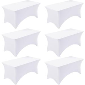 Fixwal 6 Pack 8ft Spandex Table Covers for 8 Foot Tables, Fitted Tablecloths Rectangle Folding Tables, Stretch Rectangular Table Cloths for Wedding, Banquet, Party (White, 96L x 30W x 30H Inch)