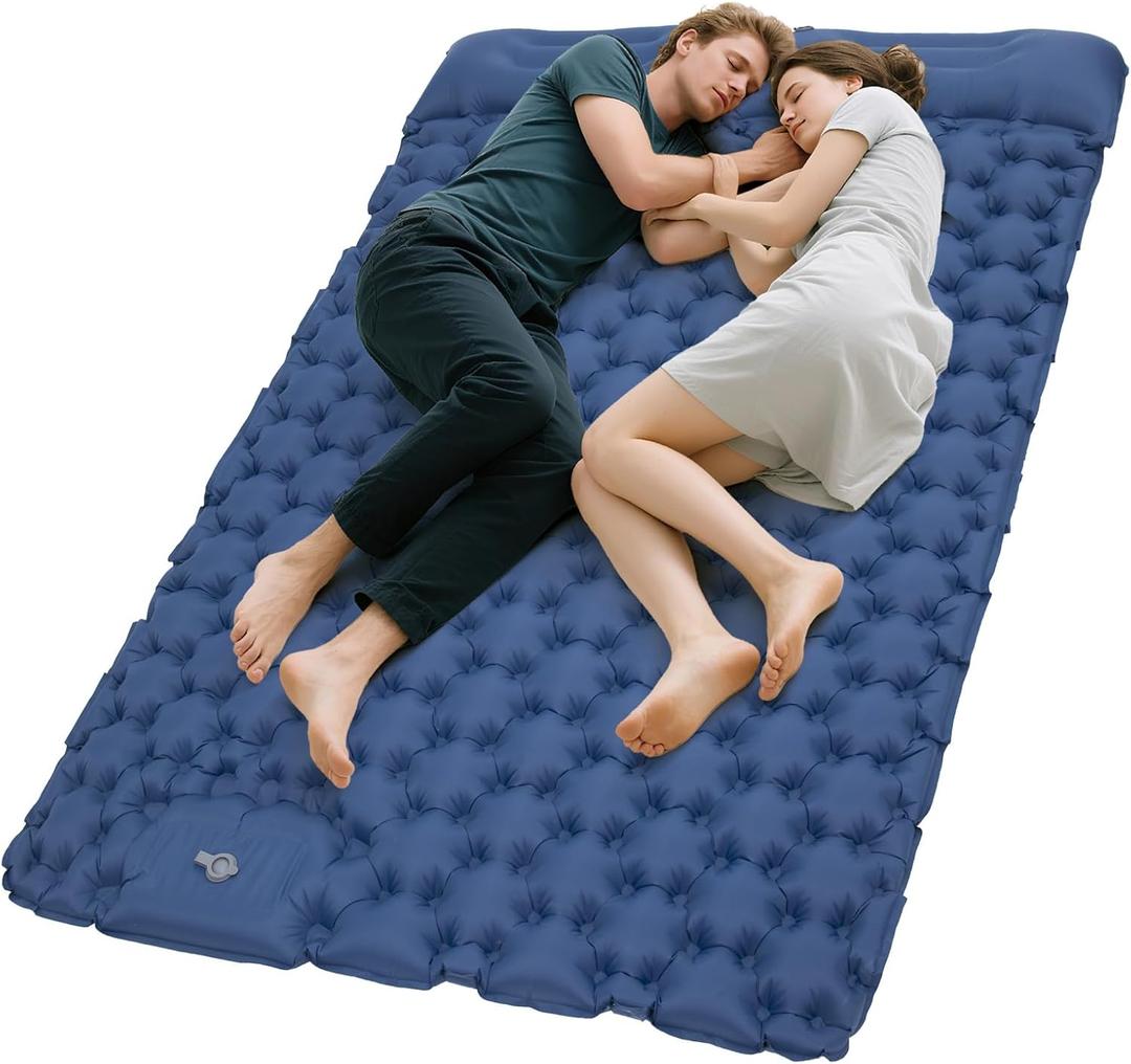 KingCamp Sleeping Pad for Camping, Ultralight Connectable Inflatable Sleeping Pad Camping Mattress with 6.3" Built-in Pillow & Foot Pump for Backpacking Hiking Tent Cot (Double Blue)