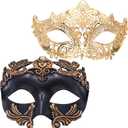 Masquerade Mask for Couple - Roman Greek Man Mask & Venetian Metal Women Mask for Masquerade Ball Mardi Gras (Gold)