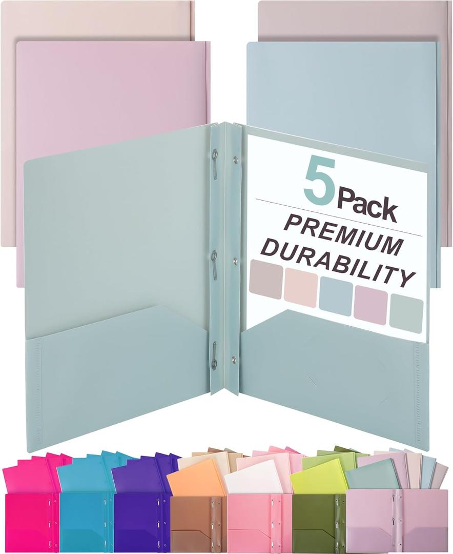 Mr. Pen- Plastic Folders with Pockets and Prong, 5 Pack, Muted Pastel Colors, Pocket Folders with Prongs and Fasteners, 2 Pocket