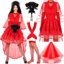Shinymoon Gothic Halloween Costume Set 80s Gothic Women Red Wedding Bride Dress for Halloween Day of the Dead Cosplay Party