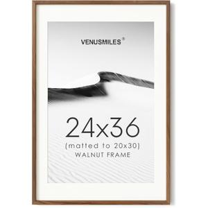 24x36 Poster Frame, USA-Sourced Natural Walnut Wood Picture Collage Frame with HD Tempered Glass, Modern Simple 24 x 36 Wooden Photo Frame Matted to 20x30, Vertical & Horizontal Wall Hanging Display