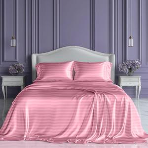 SLEEP SANCTUARY Satin Sheets King Size  4 Piece Luxury Silky Bed Set, Softer Than Silk, 15" Deep Pocket, Cooling & Wrinkle-Free, Moisture-Wicking & Breathable for Hair & Skin (Striped Pink)