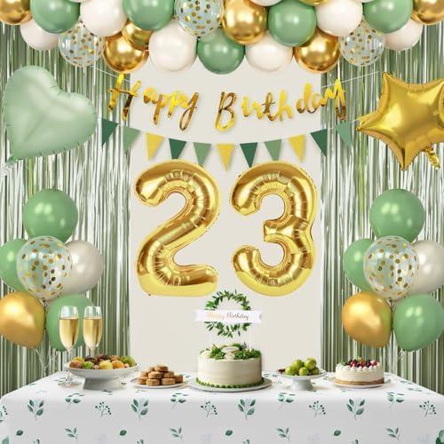 Sage Green 23rd Birthday Decorations for Women, Happy 23rd Birthday Decorations for Her, Green Gold Balloons, Foil Balloons, Happy Birthday Banner, Olive Neutral Birthday Party Supplies