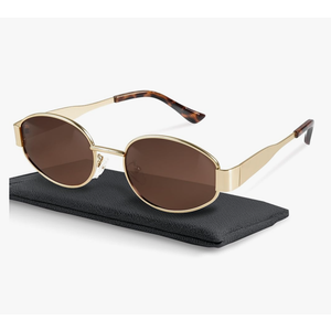 livho Retro Polarized Sunglasses - UV400 Protection, Oval Shape, Metal Frames - Matching Soft Case Inlcuded