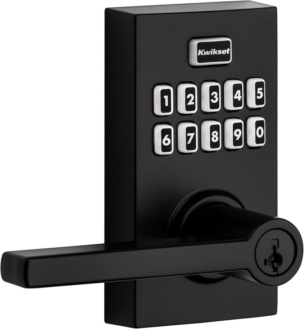 Kwikset 99170-004 SmartCode 917 Keypad Keyless Entry Contemporary Residential Electronic Lever Lock Deadbolt Alternative with Halifax Door Handle and SmartKey Security, Matte Black