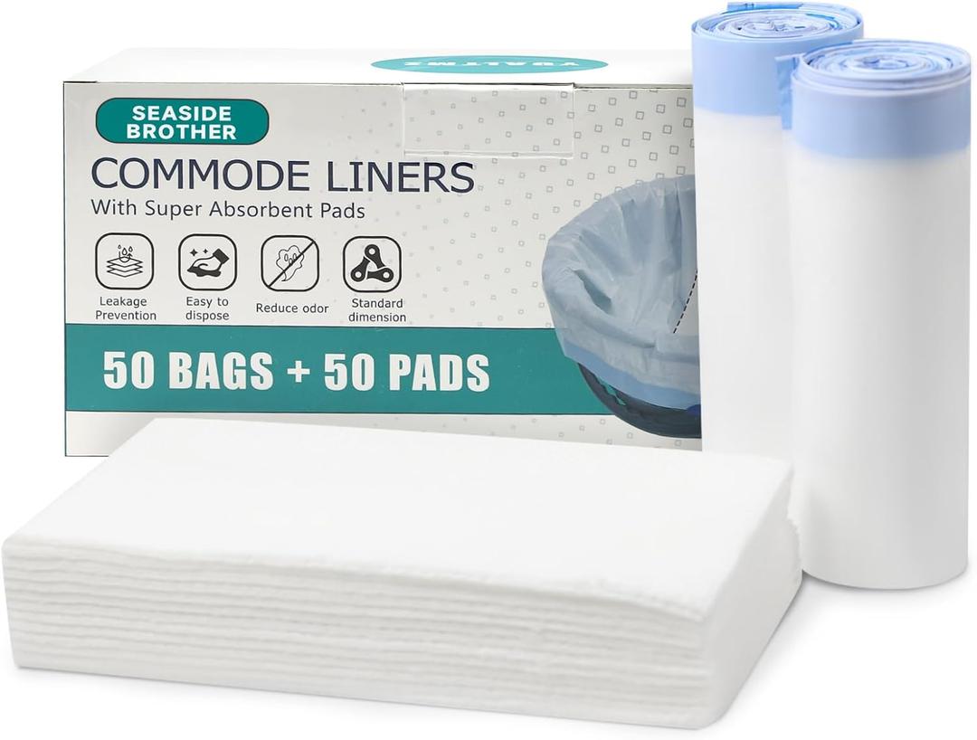 Commode Liners with Absorbent Pads, 50 Bedside Commode Liners and 50 Commode Pads, Portable Toilet Liners, Disposable Commode Bags Universal Fit All Standard Toilet Chair Bucket