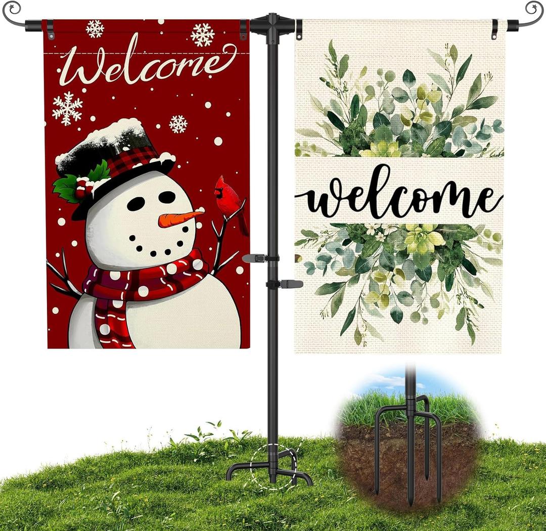 Garden Flag Stand Heavy Duty  3/4" Thick Powder-Coated Aluminum Yard Flag Holder with 4-Prong Base for 12x18 Double Flags Outdoor Patio Decor