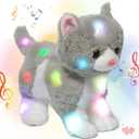Hopearl LED Musical Stuffed Kitty Lighting Up Singing Plush Cat Adjustable Volume Lullaby Animated Soothe Birthday Gifts for Kids Toddler Girls, Grey, 13.5''