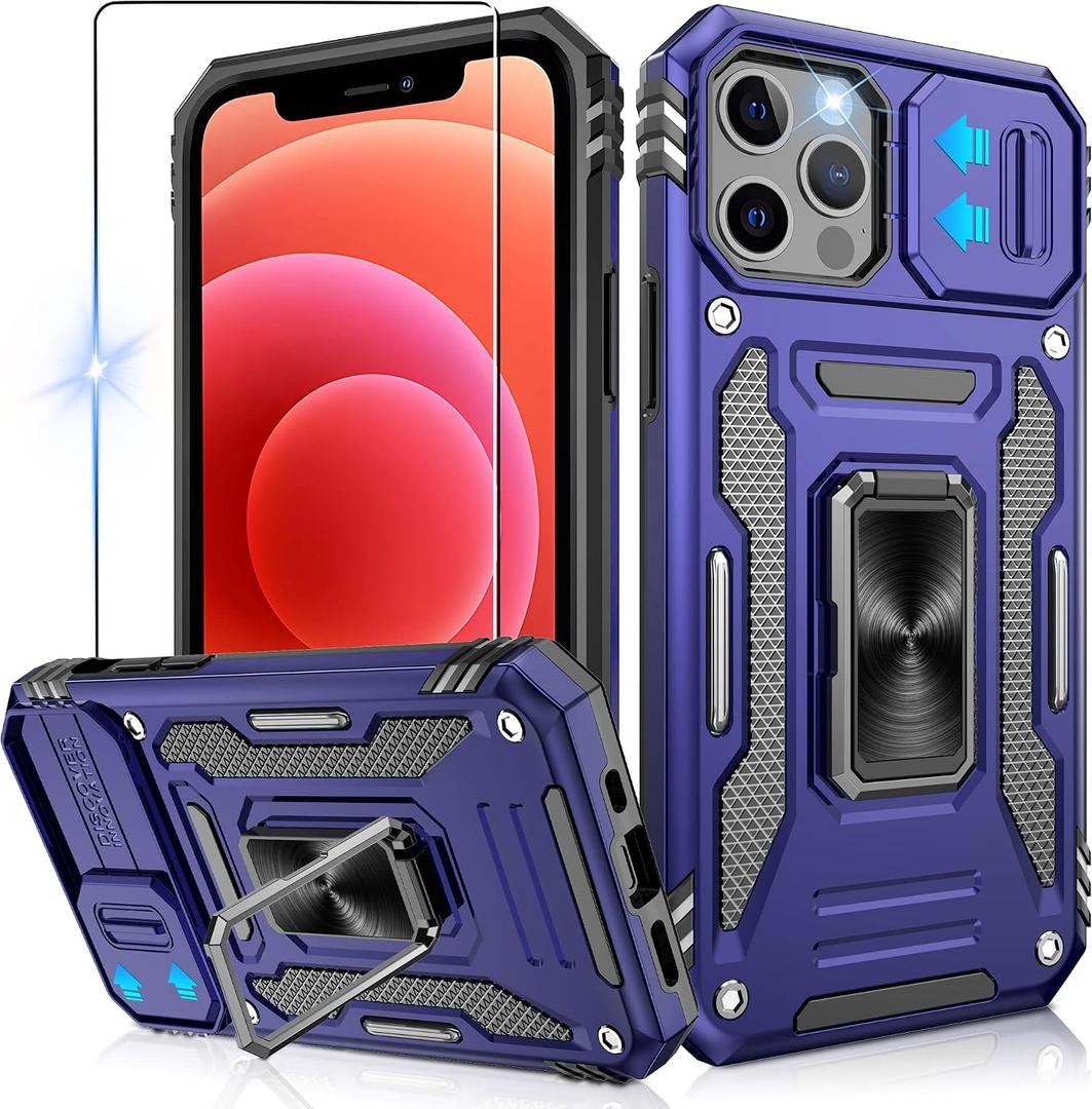 DEERLAMN Case for iPhone 12/12 Pro with Slide Camera Cover, Military Grade Shockproof Phone Case with Ring Kickstand, Anti-Scratch Armour Phone Cover, Blue