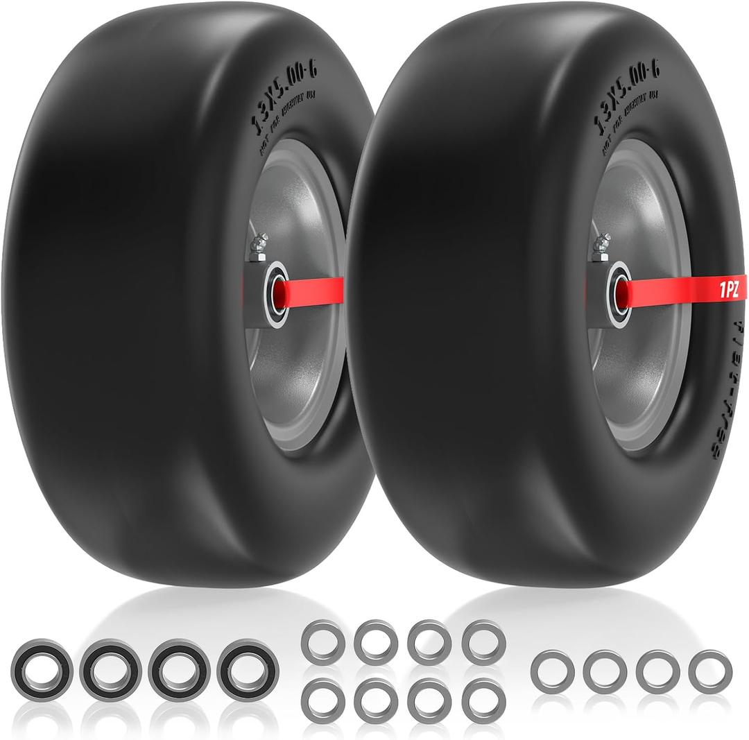 1PZ ZTM-15T 13x5.00-6 Flat Free Lawn Mower Tire and Wheel 13x5x6 Solid Front Tires for Zero Turn Mower 500Lbs Load 3/4" 5/8" and 1/2" Bearings 4.33"-6.73" Hub for Residential Commercial