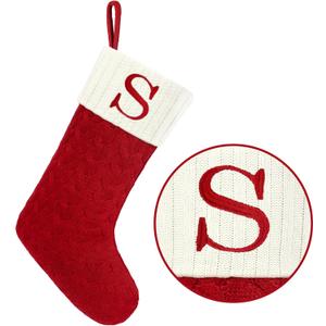 Christmas Stockings with Initials,20 Inches Large Knit Embroidered Letter Red White Christmas Stocking,Monogram Christmas Stocking for Famliy Holiday and Xmas Tree Fireplace (Letter S)