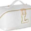 Initial Makeup Bag Large Capacity Travel Cosmetic Bag for Women PU Leather Open Flat Toiletry Bag with Handle and Divider Personalized Gifts for Women (Cream White L)