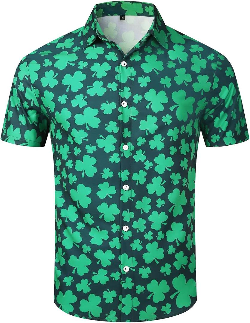 Mens St. Patrick's Day Shirt Hawaiian Shirts for Women Irish Clover Printed Casual Short Sleeve Summer Beach Top Costume (Green, XXL)