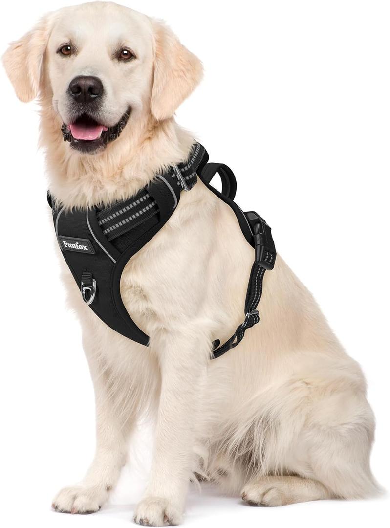 Funfox Dog Harness No Pull, Adjustable Pet Vest Harness, Super Soft Material with Vertical Handle Easy Control, Reflective Night Walking, 2 Leash Clips for Large Dogs, Black, L