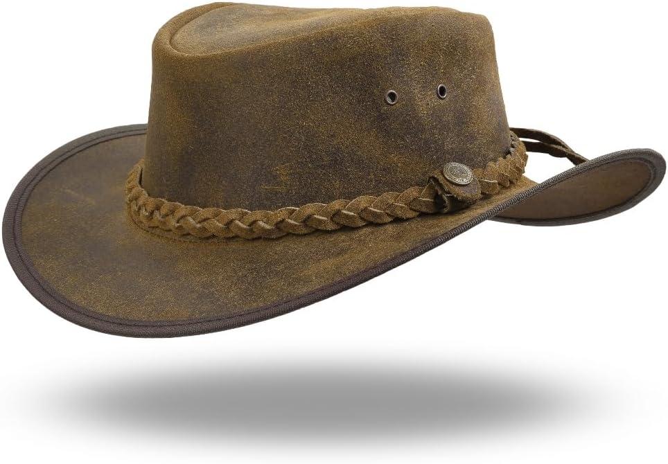 SideWinder Austrailian Genuine Leather Western Style Cowboy Hat Wide Brim Real Water Resistant Outback Vintage (US, Alpha, XX-Large, Tan)
