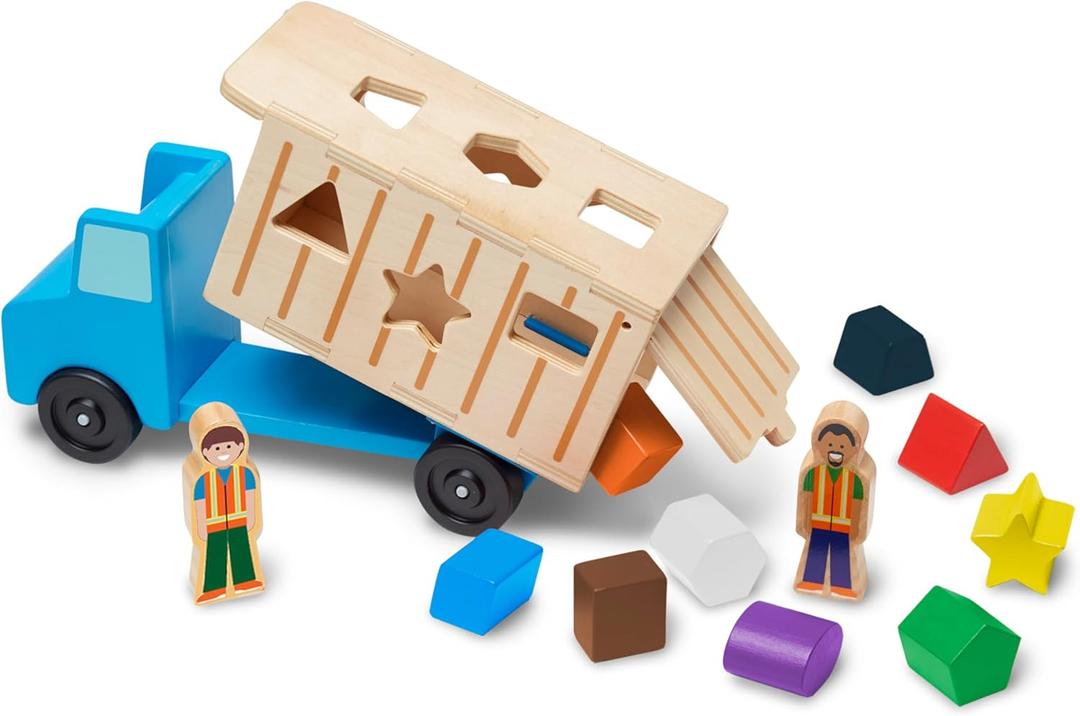 Melissa & Doug Shape-Sorting Wooden Dump Truck Toy with 9 Colorful Shapes and 2 Play Figures Wooden Vehicle Toys, Shape Sorter Toys for Toddlers Ages 2+