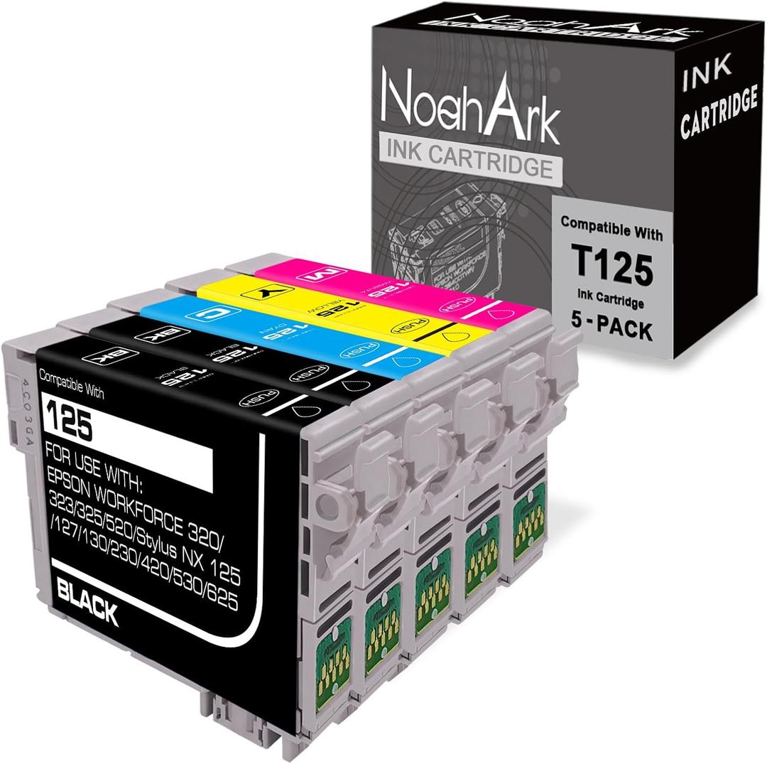 NoahArk 5 Packs T125 Remanufactured Ink Cartridge Replacement for Epson 125 use for Epson Stylus NX125 NX127 NX230 NX420 NX530 NX625 Workforce 320 323 325 520 (2 Black, 1 Cyan, 1 Magenta,1 Yellow)