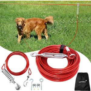 100FT Dog Runner for Yard with 15FT Tie Out Cable - Heavy Duty Trolley System for Large Dogs Up to 250LBS, Backyard/Park/Camping Use (Red, 100FT+15FT)