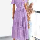 PRETTYGARDEN Womens 2026 Summer Maxi Dress Short Sleeve V Neck Hollow Out Eyelet A Line Long Flowy Beach Vacation Dresses (Purple, L)