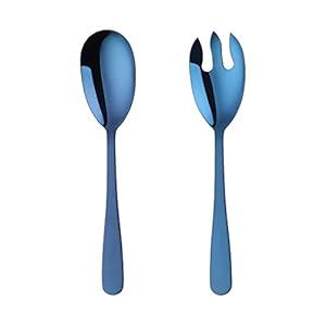 BISDARUN 12 Inches Salad Spoon and Fork Sets，Stainless Steel Salad Server Sets, Cooking Utensils for Kitchen, Simple and Classic Dishwasher Safe (Blue)