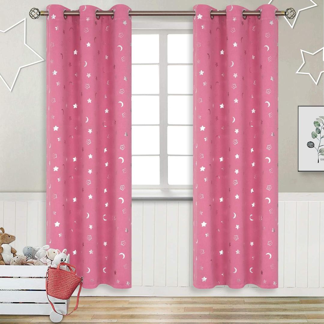 BGment Pink Curtains for Girls Bedroom 84 Inch Length, Star and Moon Blackout Curtains for Kids Babys Bedroom, Room Darkening Thermal Insulated Window Grommet Curtains for Nursery, 42 Wide, 2 Panels
