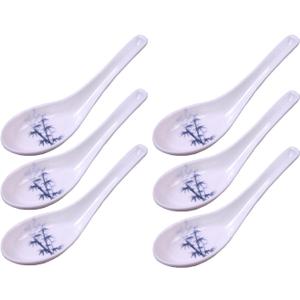 Happy Sales Melamine Soba, Rice Spoons, Asian Chinese Won Ton Soup Spoon, 6 Pack Blue Bamboo Design