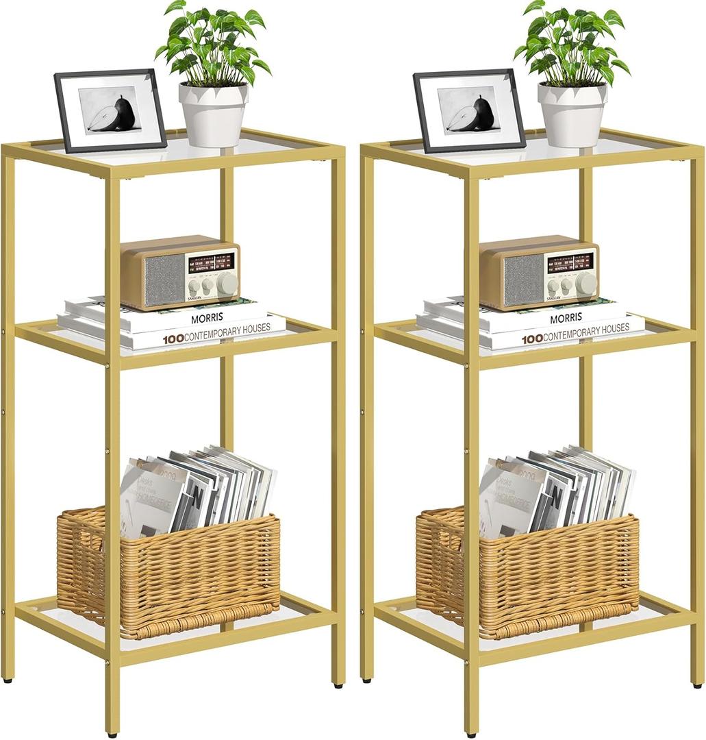 Side Tables Set of 2, Tempered Glass End Table with Metal Frame, 3-Tier Small Nightstands with Storage Shelves,Tall Table Stand for Home Decor, Living Room, Bedroom, Office, Gold2 Pack